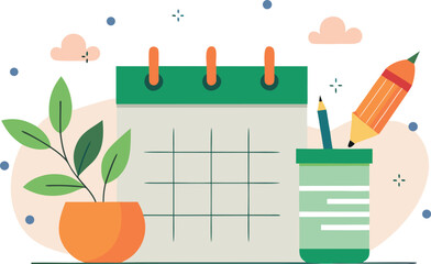 Calendar with Potted Plant and Pencils for Planning and Scheduling Tasks © CHANDRABATI
