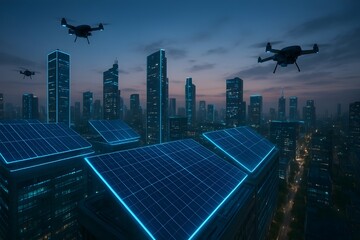 "Futuristic Smart City Rooftops with Solar Panels and Drone Energy Inspection at Night"
