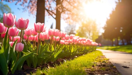Pink tulips bloom along a sunny sidewalk