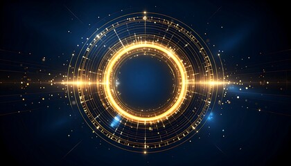 Obraz premium A glowing, golden ring of energy pulsates within concentric circles against a deep blue background, with light trails