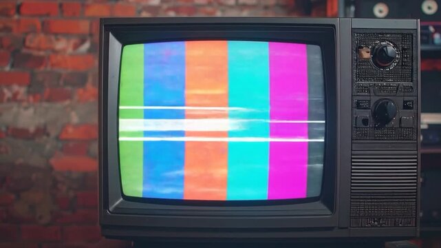 Retro TV showing colorful test pattern and static against brick wall