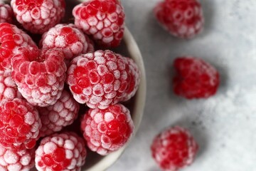 Top View of Iced Raspberries. Close-Up of Frozen Fruit for Healthy Eating and Delicious Desserts.