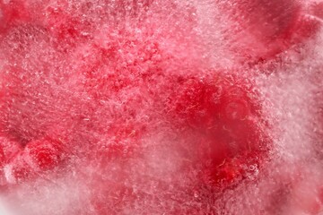 Obraz premium Abstract Frozen Red Raspberries. Captivating Blend of Color and Ice Crystals for Creative Use.