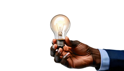 A businessman holding a glowing light bulb, symbolizing a new idea or innovation, isolated