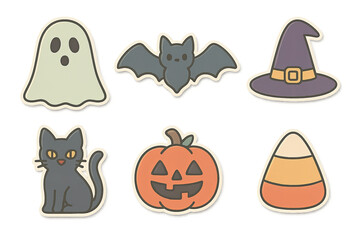 Halloween icons set featuring ghost, bat, witch hat, cat, pumpkin, candy corn. Isolated on transparent background