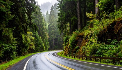 Obraz premium Winding road through a lush forest on a rainy day
