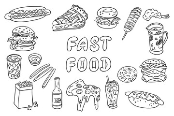 Hand drawn set of fast food items including burgers, pizza, drinks and snacks with playful lettering in the center. Concept of unhealthy eating, junk food, takeaway meals and modern lifestyle