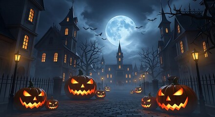 A spooky Halloween village street scene at night, illuminated by a full moon and glowing jack-o'-lanterns.