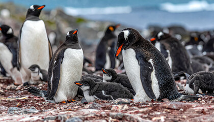 Obraz premium Gentoo Penguins and Chicks on Rocky Shoreline