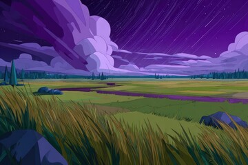 A stylized landscape at twilight, featuring a vibrant, flat-shaded meadow, a winding stream, and a dramatic purple sky