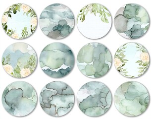 Set of twelve round, watercolor-style designs in muted greens and light blues.  Floral and leaf elements decorate some
