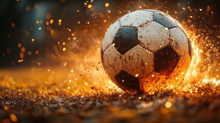 Fototapeta premium Fiery soccer ball bursts with flames