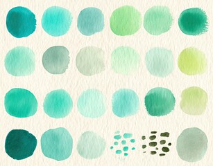 Watercolor circle swatches in a teal and green spectrum on beige background