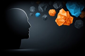 Silhouette head profile with colorful, origami-like shapes emanating