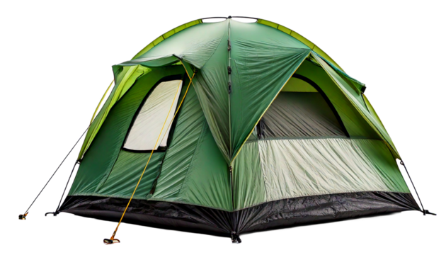 A green and grey camping tent, isolated on white background 