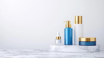 Mockup of marble cabinets with cosmetic bottles and branding packaging for product display and marketing purposes