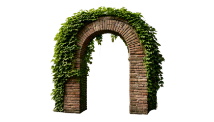  A weathered brick archway covered in lush green ivy, isolated on a white background 