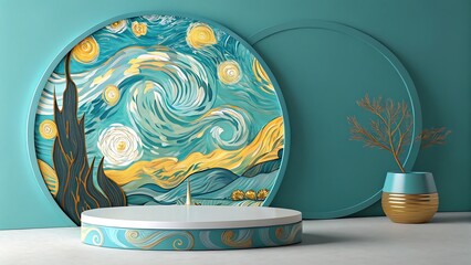 Teal and gold abstract art display circular art display podium