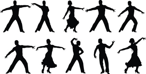 Silhouettes of male and female flamenco dancers in traditional poses, expressive dance movements, cultural performing arts, dynamic flamenco performance.