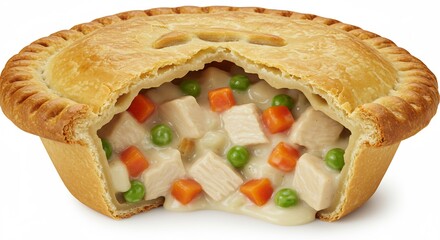 Golden crust reveals savory chicken pot pie filling bathed in warm light.. AI Generated