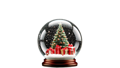  Ai generated image of a festive christmas snow globe with a decorated tree and gifts isolate 