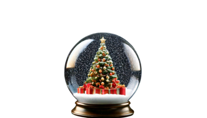  Ai generated image of a festive christmas snow globe with a decorated tree and gifts isolate 