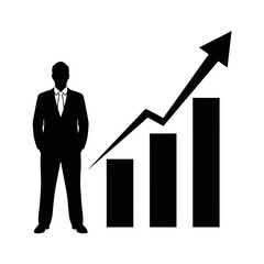 Vector art of silhouette of a businessman standing next to a rising bar graph