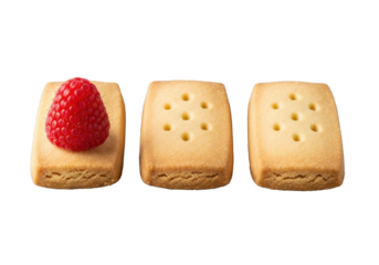 Three golden shortbread fingers and a vibrant red raspberry, isolated on transparent. Bright studio light, clean composition, appetizing commercial food photography concept