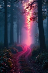 Fototapeta premium Eerie, ethereal mist clinging to a forest path at dawn, creating a ghostly, translucent trail Perfect for Halloween, fantasy, mystery, or supernatural themes , ghostly, wilderness