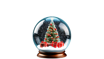  Ai generated image of a festive christmas snow globe with a decorated tree and gifts isolate 