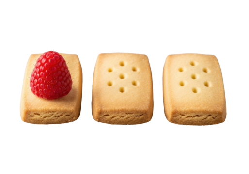 Three golden shortbread fingers and a vibrant red raspberry, isolated on transparent. Bright studio light, clean composition, appetizing commercial food photography concept