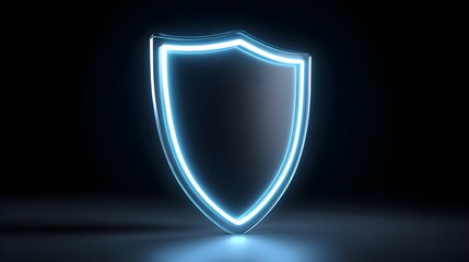 Futuristic blue neon shield emblem, security concept, protection symbol, digital safety, modern technology backdrop.