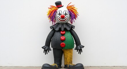 Whimsical handmade clown figure stands proudly against a bright white wall.. AI Generated