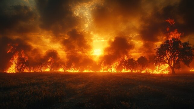 Fiery sunset over burning forest