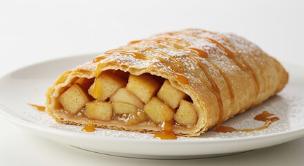 Golden apple strudel gleams softly under warm light showcasing flaky pastry and sweet caramel.. AI Generated