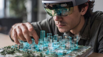 Man using augmented reality headset to design futuristic cityscape model, innovative technology concept.
