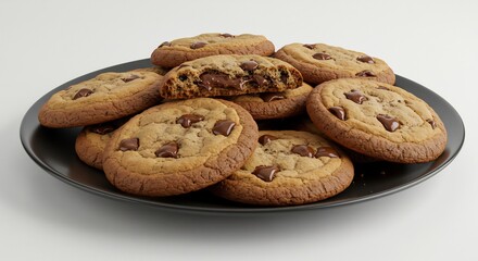 Delicious chocolate chip cookies rest on a dark plate bathed in soft light. AI Generated