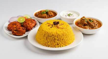 Delicious Indian food platter boasts vibrant colors and textures under soft studio lighting.. AI Generated