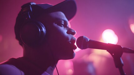 Young male vocalist singing into microphone with headphones, vibrant stage lighting, music performance concept.