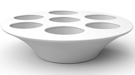 White, shallow, saucer-shaped planter with six circular, recessed holes