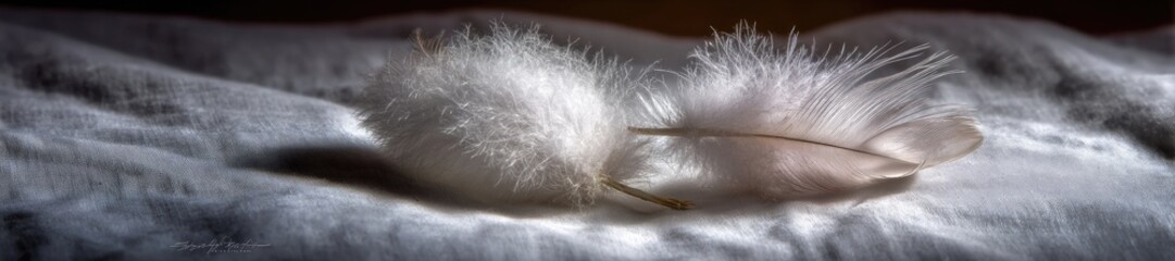 Two delicate white feathers resting on a soft white fabric