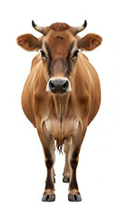 Front view of a healthy Jersey cow standing isolated on white background