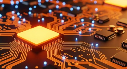 Glows Circuit Board with Glowing Central Chip, Digital Transformation
