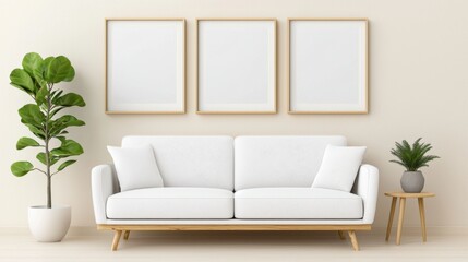 White couch with plant in a living room mockup against a neutral beige wall for interior design presentation