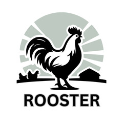 Stylized rooster silhouette with farm elements and sunrise background