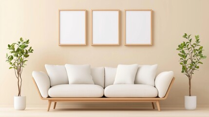 Empty white poster mockup in a triple frame on a neutral beige living room wall for design and advertising purposes