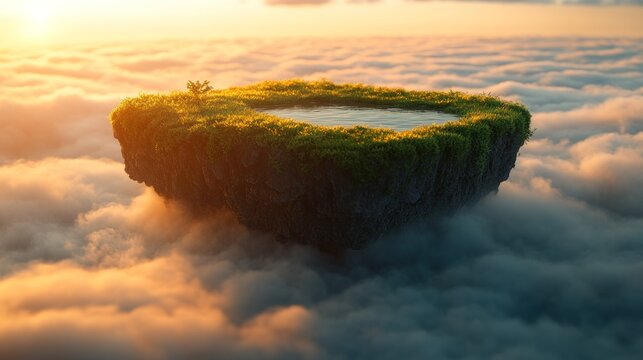 Floating island in clouds at sunrise. Lush, verdant island with small pond, nestled in a sea of clouds
