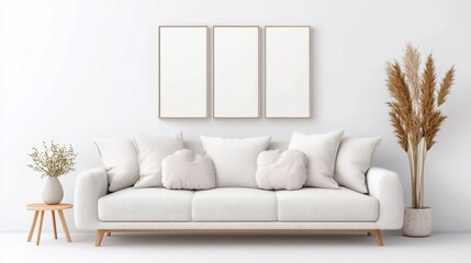 Fototapeta premium Triptych canvas mockup above a cozy sofa with textured cushions in a modern living room setting