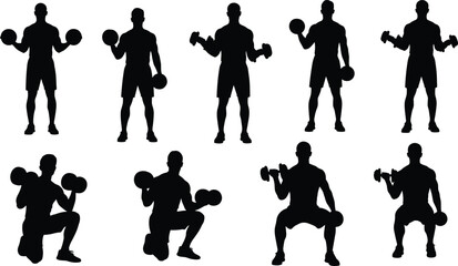 Silhouettes of Men Performing Dumbbell Squats and Weight Training Exercises for Gym Fitness, Bodybuilding, Strength, and Health Vector Design