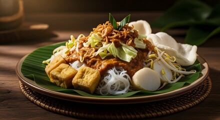 Gado-gado, Indonesian salad with peanut sauce, tofu, and vegetables on a plate.